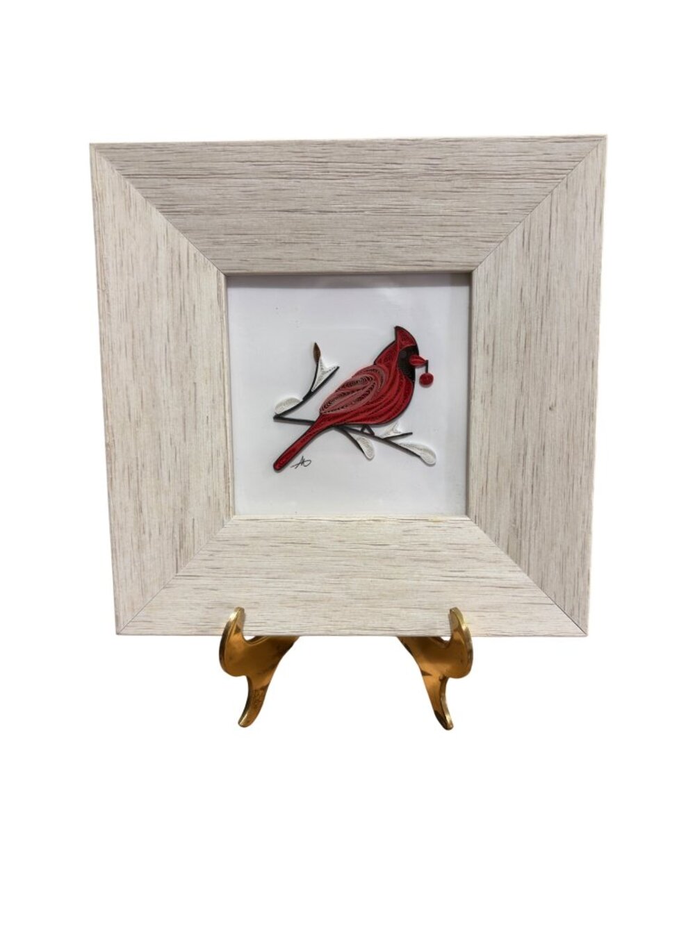 Quilled Cardinal Wall‎ Art White Wood Frame - 5x5" Signed